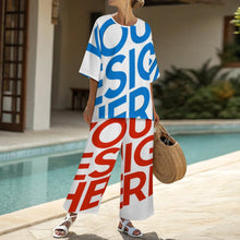 Charger l'image dans la galerie, Ensemble femme composé d'une chemise à col rond et manches chauve-souris et d'un pantalon large à taille élastique (YKL04) personnalisé avec photo texte prénom (conception une image)