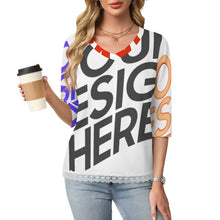 Charger l'image dans la galerie, T-shirt à manches courtes et col en V orné de dentelle femme SDS2513 personnalisé avec photo texte logo (conception d'images multiples)
