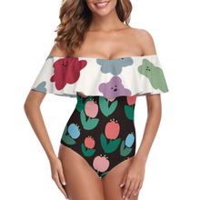 Charger l'image dans la galerie, Maillot de bain 1 pièce pour femme à volants et OFF SHOULDER 294328 personnalisé avec photo texte prénom (conception multi-images)