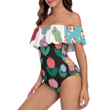 Charger l'image dans la galerie, Maillot de bain 1 pièce pour femme à volants et OFF SHOULDER 294328 personnalisé avec photo texte prénom (conception multi-images)
