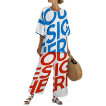 Charger l'image dans la galerie, Ensemble femme composé d'une chemise à col rond et manches chauve-souris et d'un pantalon large à taille élastique (YKL04) personnalisé avec photo texte prénom (conception une image)