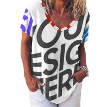 Charger l'image dans la galerie, T-shirt femme en soie glacée à manches courtes et col V NZ109 personnalisée avec prénom motif texte (conception multi-images)