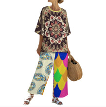 Charger l'image dans la galerie, Ensemble femme composé d'une chemise col rond à manches chauve-souris et d'un pantalon large à taille élastique YKL04personnalisée avec prénom motif texte (conception multi-images)