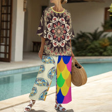 Charger l'image dans la galerie, Ensemble femme composé d'une chemise col rond à manches chauve-souris et d'un pantalon large à taille élastique YKL04personnalisée avec prénom motif texte (conception multi-images)