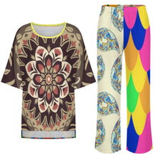 Charger l'image dans la galerie, Ensemble femme composé d'une chemise col rond à manches chauve-souris et d'un pantalon large à taille élastique YKL04personnalisée avec prénom motif texte (conception multi-images)