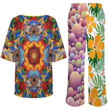 Charger l'image dans la galerie, Ensemble femme composé d'une chemise col rond à manches chauve-souris et d'un pantalon large à taille élastique YKL04personnalisée avec prénom motif texte (conception multi-images)