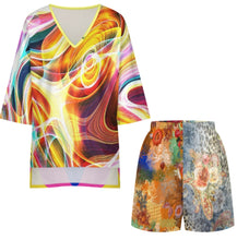 Charger l'image dans la galerie, Ensemble haut col V manches chauve-souris et short taille élastique pour femme YKL07 personnalisée avec prénom motif texte (conception multi-images)