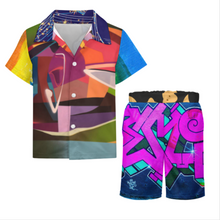 Charger l'image dans la galerie, Ensemble chemise à manches courtes et short de plage garçon (2 pièces) A27TZ personnalisée avec prénom motif texte (conception multi-images)