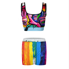 Charger l'image dans la galerie, Ensemble de survêtement de yoga de haute qualité avec haut court et short 2 pièces YJ052 personnalisé avec texte de motif photo (conception multi-images)