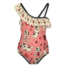 Charger l'image dans la galerie, Maillot de bain enfant fille à volants et bretelle spaghetti personnalisée avec prénom motif texte (conception multi-images)