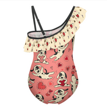 Charger l'image dans la galerie, Maillot de bain enfant fille à volants et bretelle spaghetti personnalisée avec prénom motif texte (conception multi-images)
