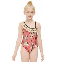 Charger l'image dans la galerie, Maillot de bain enfant fille à volants et bretelle spaghetti personnalisée avec prénom motif texte (conception multi-images)