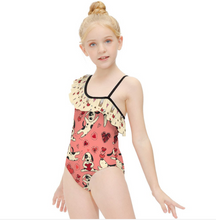 Charger l'image dans la galerie, Maillot de bain enfant fille à volants et bretelle spaghetti personnalisée avec prénom motif texte (conception multi-images)