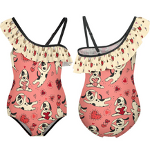 Charger l'image dans la galerie, Maillot de bain enfant fille à volants et bretelle spaghetti personnalisée avec prénom motif texte (conception multi-images)