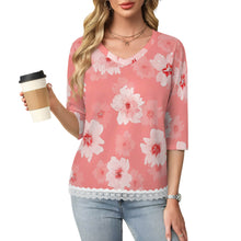 Charger l'image dans la galerie, T-shirt à manches courtes et col en V orné de dentelle femme SDS2513 personnalisé avec photo texte logo (image unique impression)