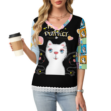 Charger l'image dans la galerie, T-shirt à manches courtes et col en V orné de dentelle femme SDS2513 personnalisé avec photo texte logo (conception d'images multiples)