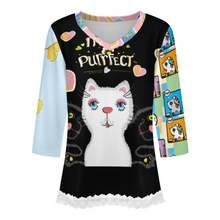 Charger l'image dans la galerie, T-shirt à manches courtes et col en V orné de dentelle femme SDS2513 personnalisé avec photo texte logo (conception d'images multiples)