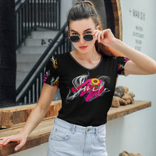 Charger l'image dans la galerie, T-shirt tee shirt à manches courtes à col en V pour femmes T01 personnalisé avec photo logo et texte (conception multi-images)