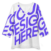 Charger l'image dans la galerie, T-shirt à manches courtes et col en V orné de dentelle femme SDS2513 personnalisé avec photo texte logo (image unique impression)