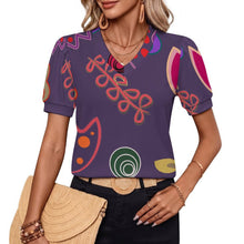 Charger l'image dans la galerie, T-shirt Femme Col V à Manches Bouffantes en Maille Petit Côtelé avec Impression Personnalisée