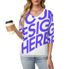 Charger l'image dans la galerie, T-shirt à manches courtes et col en V orné de dentelle femme SDS2513 personnalisé avec photo texte logo (image unique impression)