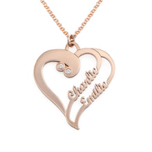 Charger l'image dans la galerie, Collier coeur deux avec diamant X0019 en argent sterling gravure personnalisé avec deux prénoms