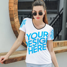 Charger l'image dans la galerie, T-shirt tee shirt à manches courtes à col en V pour femmes T01 personnalisé avec photo logo et texte (impression d'image unique)