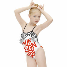 Charger l'image dans la galerie, Maillot de bain NT045 enfant fille épaules dénudées à volants personnalisée avec prénom motif texte (conception multi-images)