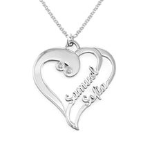 Charger l'image dans la galerie, Collier coeur deux avec diamant X0019 en argent sterling gravure personnalisé avec deux prénoms