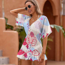 Charger l'image dans la galerie, Kimono de plage robe courte une pièce col en V Mousseline de soie femme NZ031 personnalisé avec logo photo motif texte (impression d'image unique)