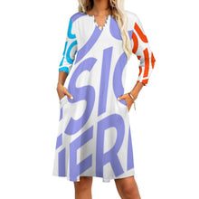 Charger l'image dans la galerie, Robe col v manche 3/4 femme avec poches BNQ personnalisée avec motif logo photo texte (impression des multi-images)