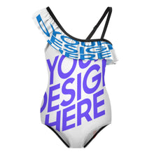 Charger l'image dans la galerie, Maillot de bain enfant fille à volants et bretelle spaghetti personnalisée avec prénom motif texte (conception multi-images)