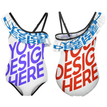 Charger l'image dans la galerie, Maillot de bain enfant fille à volants et bretelle spaghetti personnalisée avec prénom motif texte (conception multi-images)