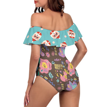 Charger l'image dans la galerie, Maillot de bain 1 pièce pour femme à volants et OFF SHOULDER 294328 personnalisé avec photo texte prénom (conception multi-images)
