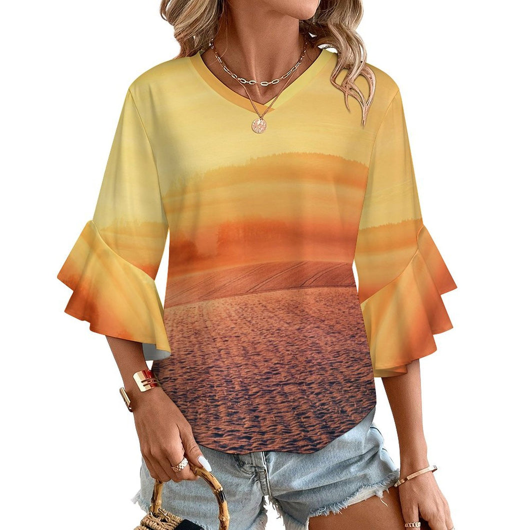 Blouse Femme à Volants Personnalisable | Haut Col V Manches Évasées