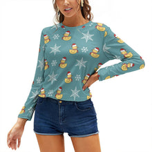 Charger l'image dans la galerie, Women's Long Sleeve Shirt Merry Christmas Santa Duck Snowflake Blue
