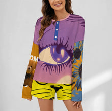 Charger l&#39;image dans la galerie, Ensemble pyjama femme 2 pièces 203 t-shirt boutonné manches longues + short personnalisée avec prénom motif texte (conception multi-images)
