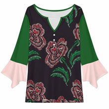 Charger l&#39;image dans la galerie, Hauts pour femmes manches 3/4 pétales col en V bouton t-shirt VJK personnalisé avec photo texte prénom (conception une image)
