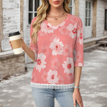 Charger l'image dans la galerie, T-shirt à manches courtes et col en V orné de dentelle femme SDS2513 personnalisé avec photo texte logo (image unique impression)
