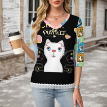 Charger l'image dans la galerie, T-shirt à manches courtes et col en V orné de dentelle femme SDS2513 personnalisé avec photo texte logo (conception d'images multiples)
