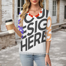 Charger l'image dans la galerie, T-shirt à manches courtes et col en V orné de dentelle femme SDS2513 personnalisé avec photo texte logo (conception d'images multiples)
