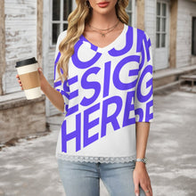 Charger l'image dans la galerie, T-shirt à manches courtes et col en V orné de dentelle femme SDS2513 personnalisé avec photo texte logo (image unique impression)
