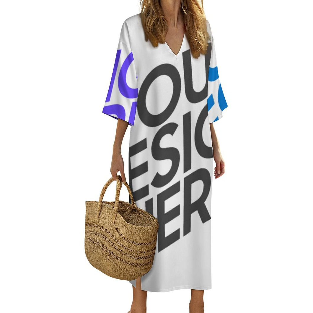 Robe de chambre femme style méditerranéen col en V manches courtes YKL06 personnalisée avec prénom motif texte (conception multi-images)