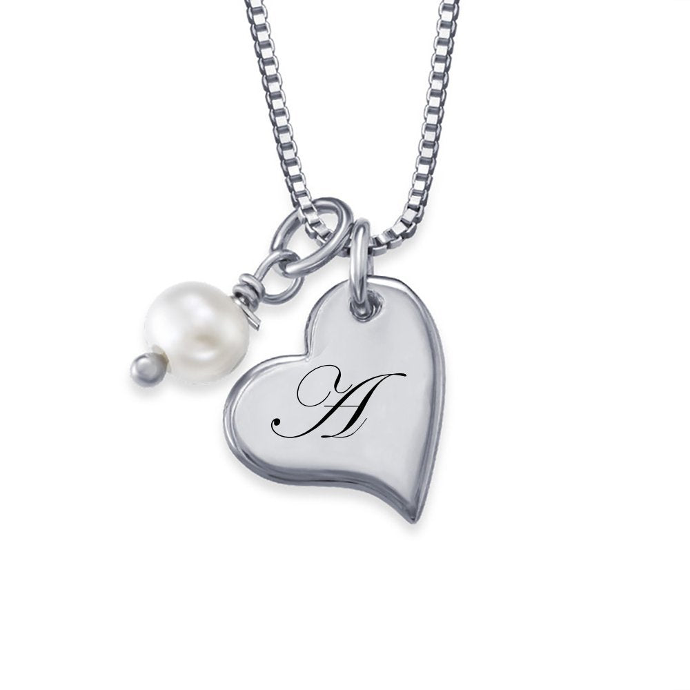 Collier avec Pendentif Coeur Gravé et Perle X0094 pour femme gravure personnalisé avec prénom texte