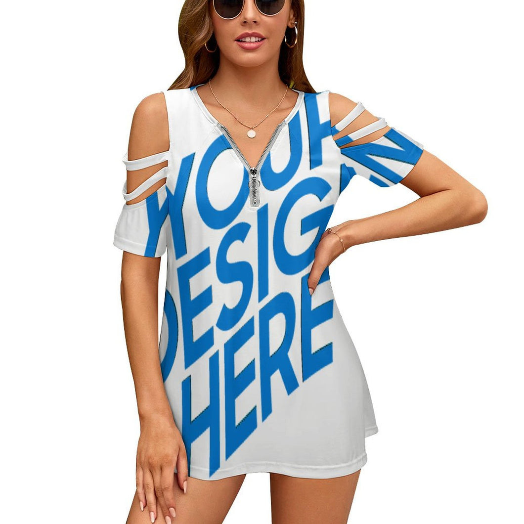 Tee shirt avec fermeture éclair épaules dénudées femme BE personnalisé avec photo logo motif texte (Impression d'image unique)