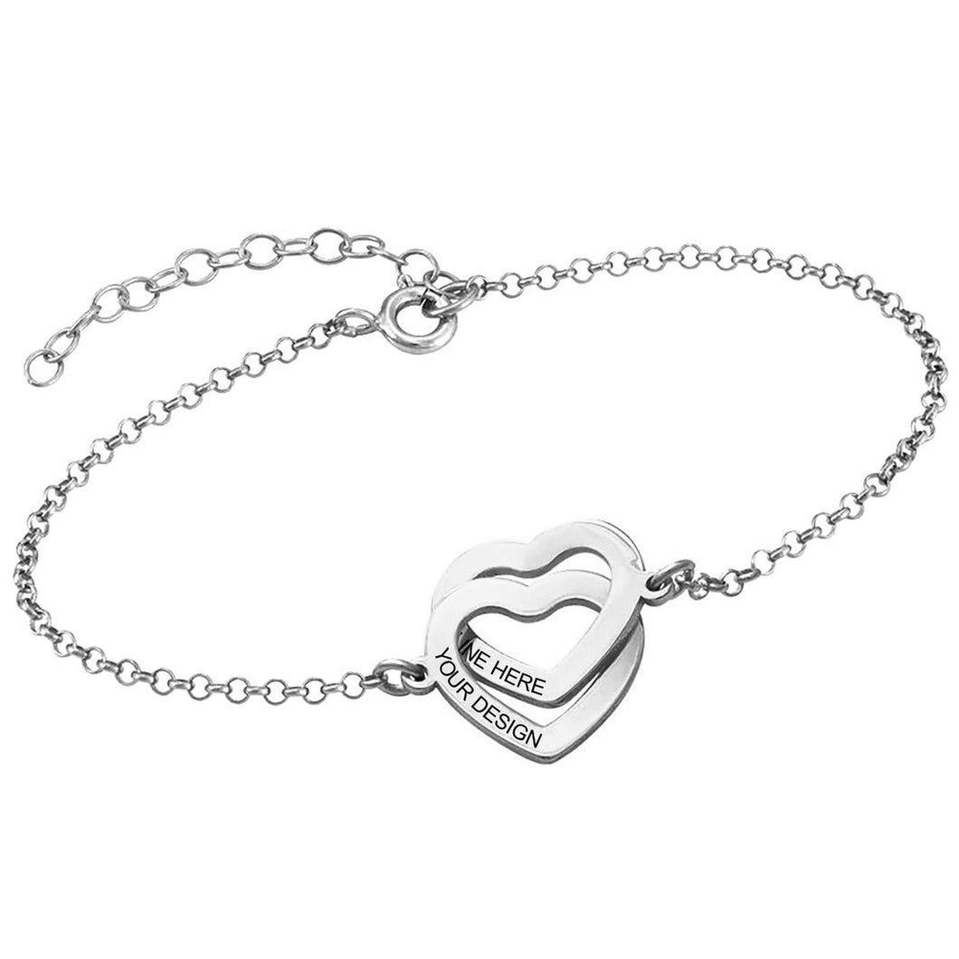 Bracelet à breloques double cœur pour femme S0012 longueur réglable gravure personnalisé avec texte prénom