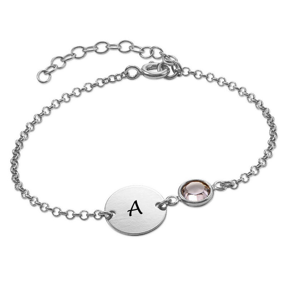 Bracelet avec un pendentif disque classique et une pierre précieuse S0044 personnalisé gravure avec lettre