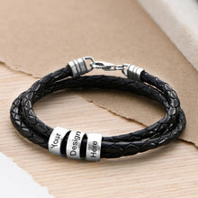 Charger l&#39;image dans la galerie, Bracelet triple S0008 en cuir noir avec breloques en argent sterling 925 gravure personnalisé avec texte prénom
