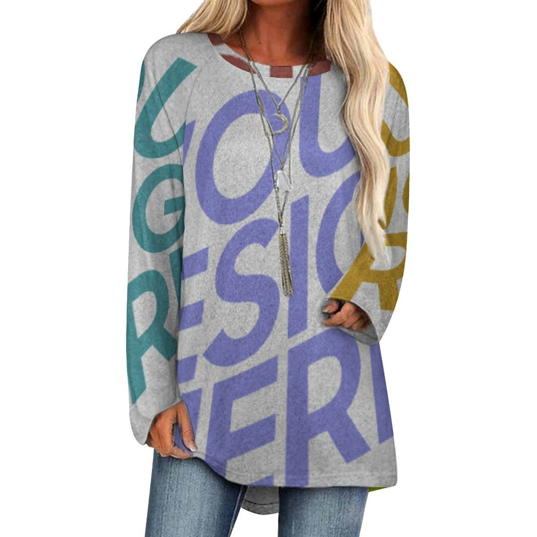 Impression des multi-images T-shirt tricot gris long col rond manches longues pour femme BL personnalisé avec photo logo texte motif
