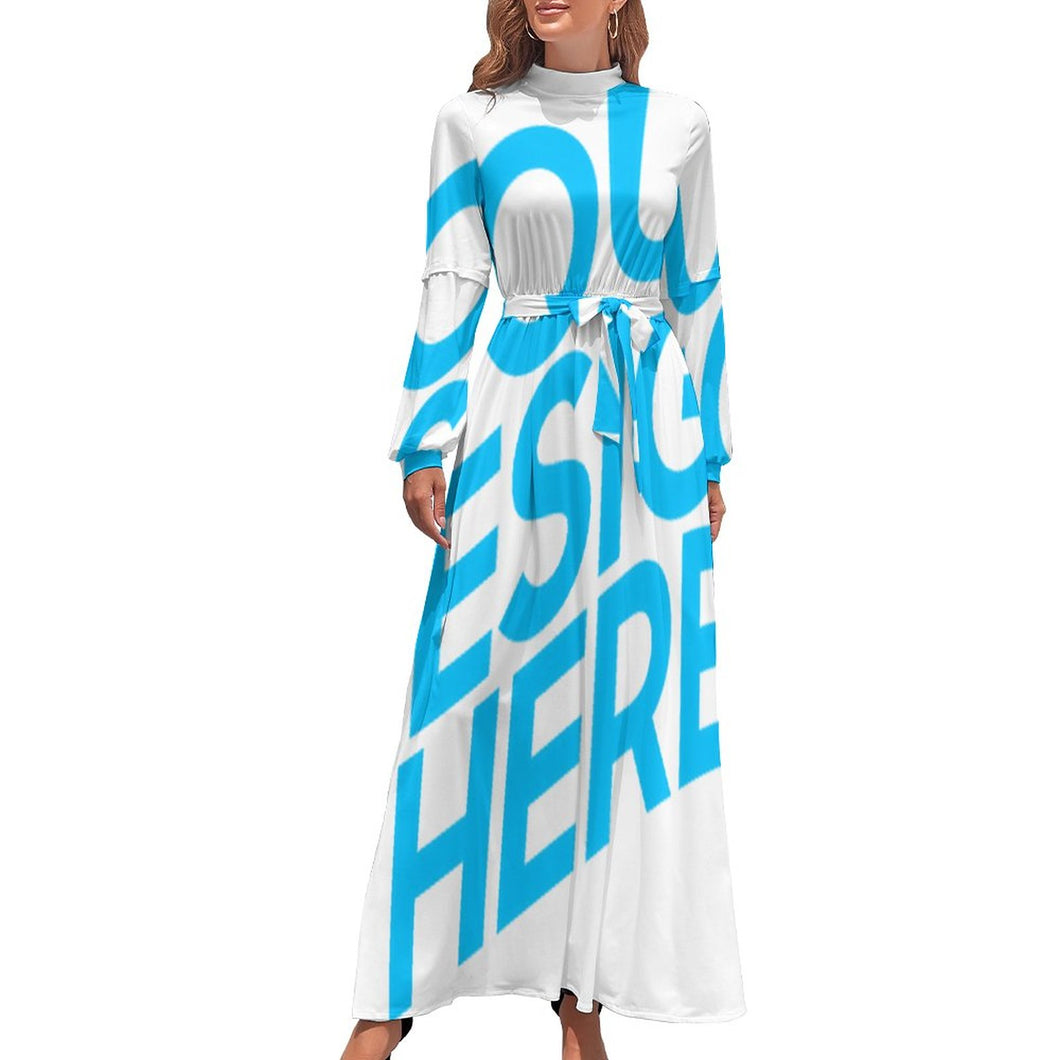 Robe mi-longue robe midi manches longues avec ceinture femme XQ personnalisée avec photo logo motif texte (impression d'image unique)